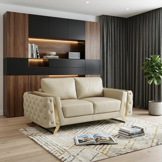 The Bellhaven – Beige & Gold Genuine Leather Loveseat