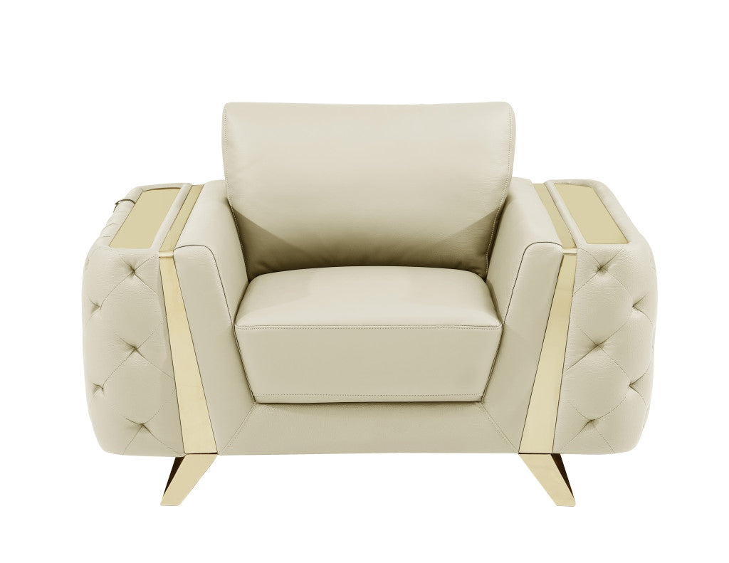 The Bellamyne – Beige & Gold Genuine Leather Tufted Club Chair