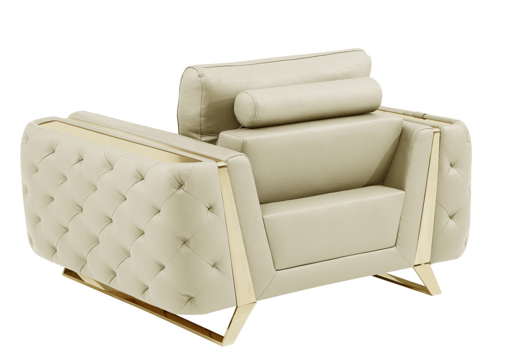 The Bellamyne – Beige & Gold Genuine Leather Tufted Club Chair
