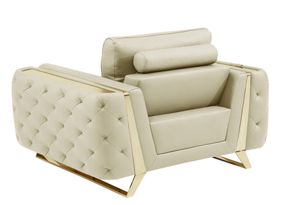 The Bellamyne – Beige & Gold Genuine Leather Tufted Club Chair