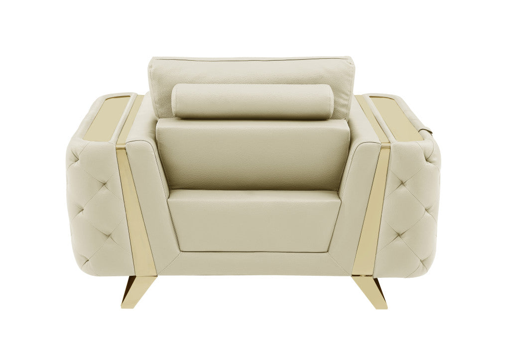 The Bellamyne – Beige & Gold Genuine Leather Tufted Club Chair