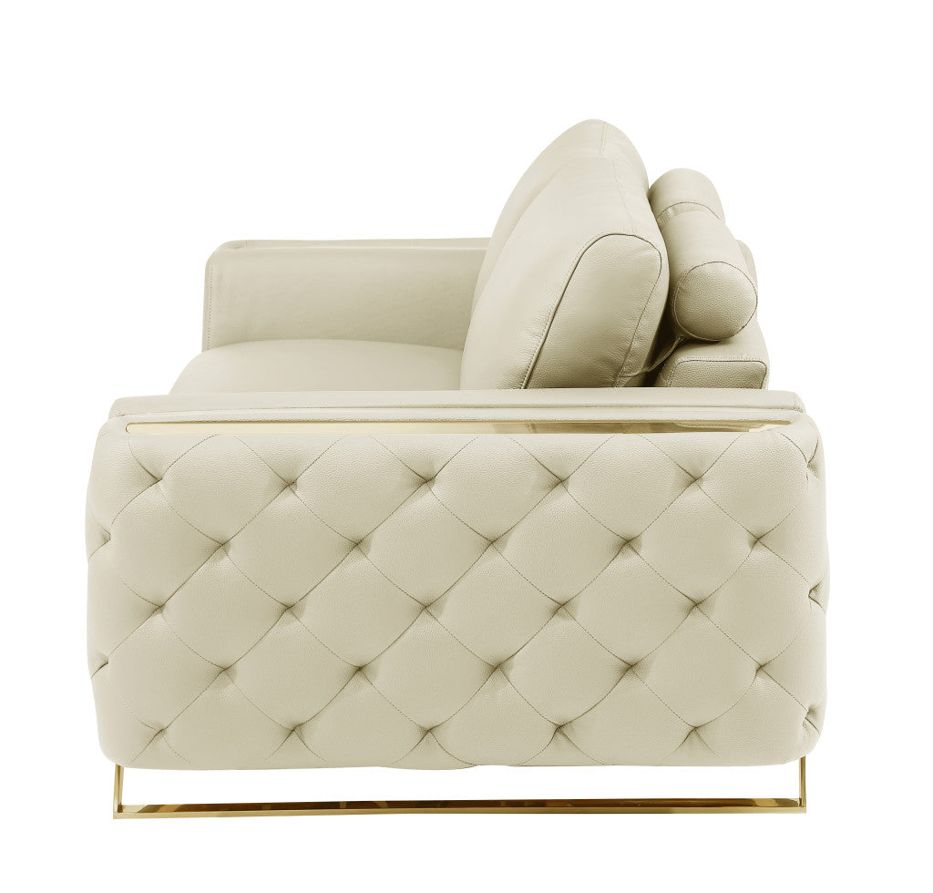 The Bellamyne – Beige & Gold Genuine Leather Tufted Club Chair