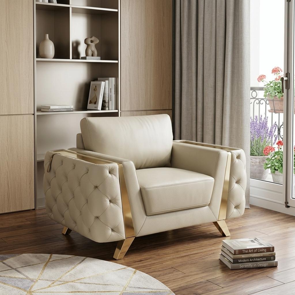 The Bellamyne – Beige & Gold Genuine Leather Tufted Club Chair