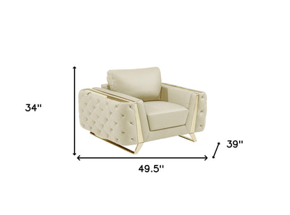 The Bellamyne – Beige & Gold Genuine Leather Tufted Club Chair