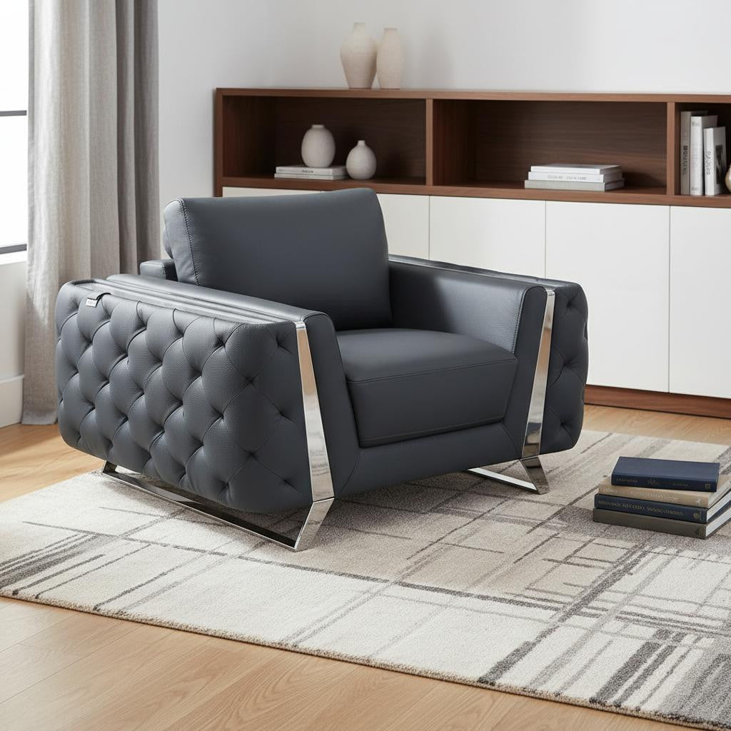 The Monroe Ridge – Dark Gray & Silver Faux Leather Tufted Club Chair