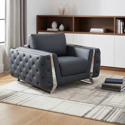 The Monroe Ridge – Dark Gray & Silver Faux Leather Tufted Club Chair