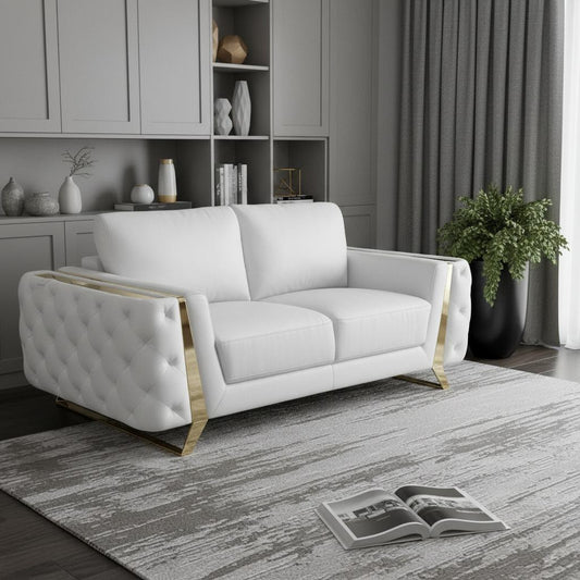 The Marlowe Crest – White & Gold Genuine Leather Loveseat