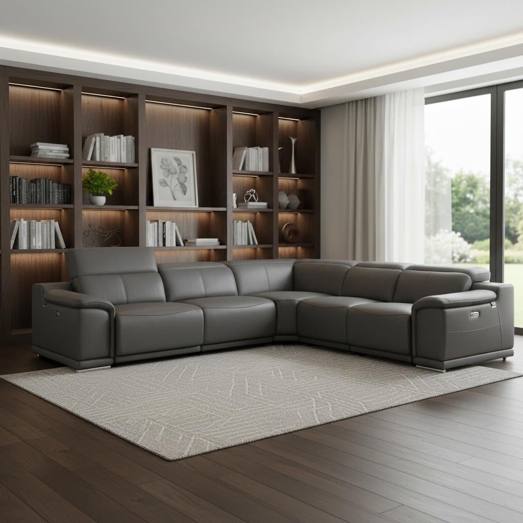 The Varello – Gray Italian Leather Power Reclining U-Shaped Five Piece Corner Sectional with Console