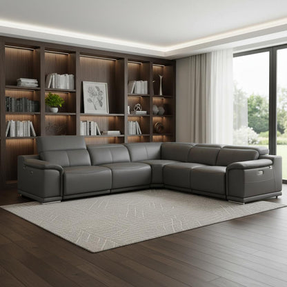 The Varello – Gray Italian Leather Power Reclining U-Shaped Five Piece Corner Sectional with Console
