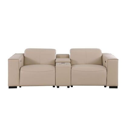 The Cortona – Beige Genuine Leather Dual Power Reclining Console Loveseat
