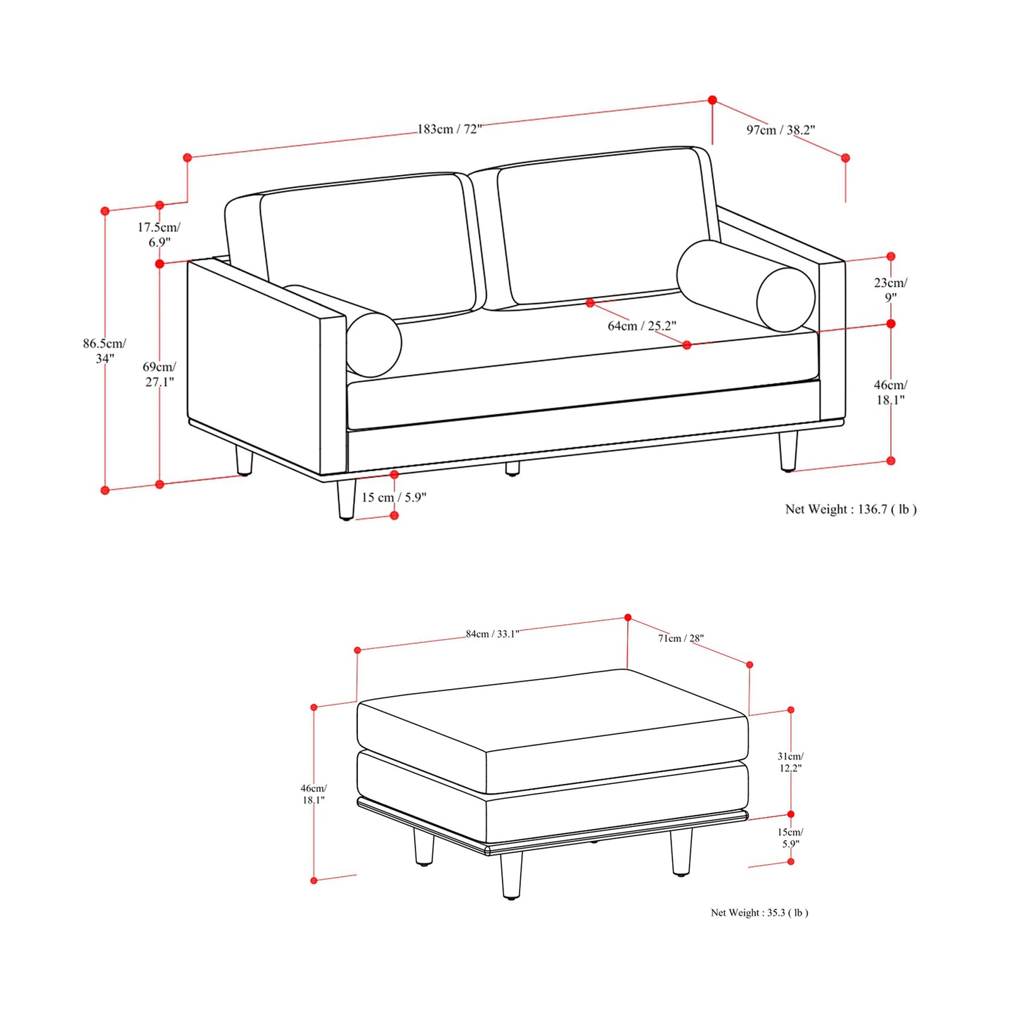Lennox Leather Sofa with Ottoman – Brown
