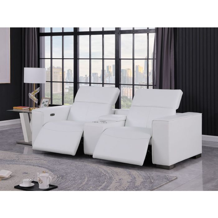 The Valencia – White Genuine Leather Dual Power Reclining Console Loveseat