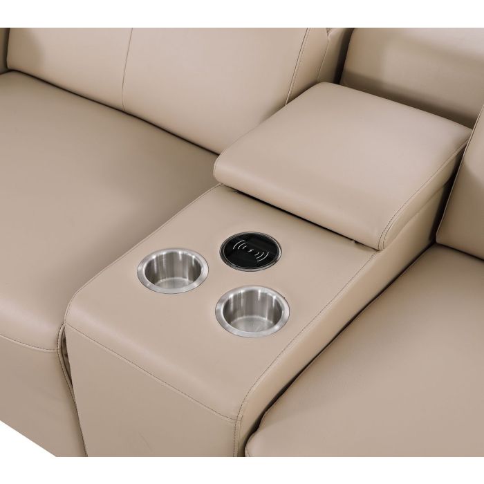 The Cortona – Beige Genuine Leather Dual Power Reclining Console Loveseat