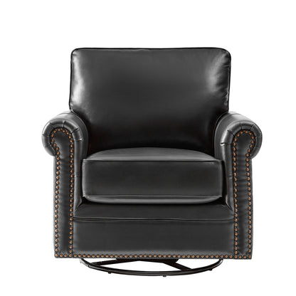 Higinio Genuine Leather Swivel Rocker Chair – Black Traditional Club Accent Chair
