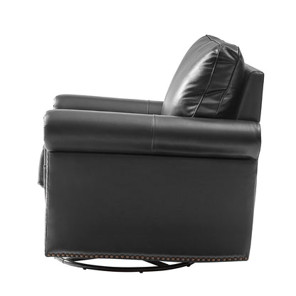Higinio Genuine Leather Swivel Rocker Chair – Black Traditional Club Accent Chair