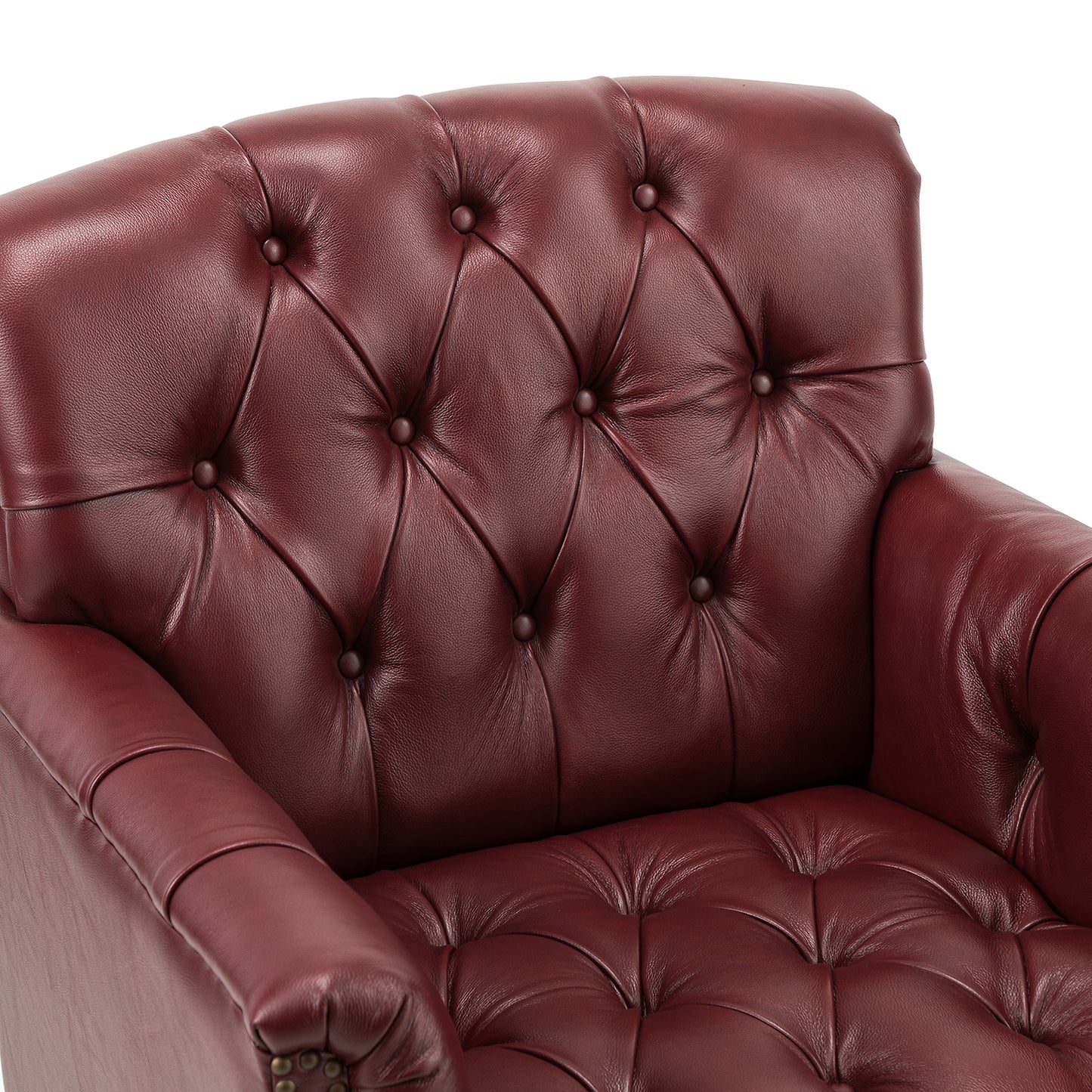 Elijah Genuine Leather Armchair – Burgundy Tufted Nailhead Accent Chair