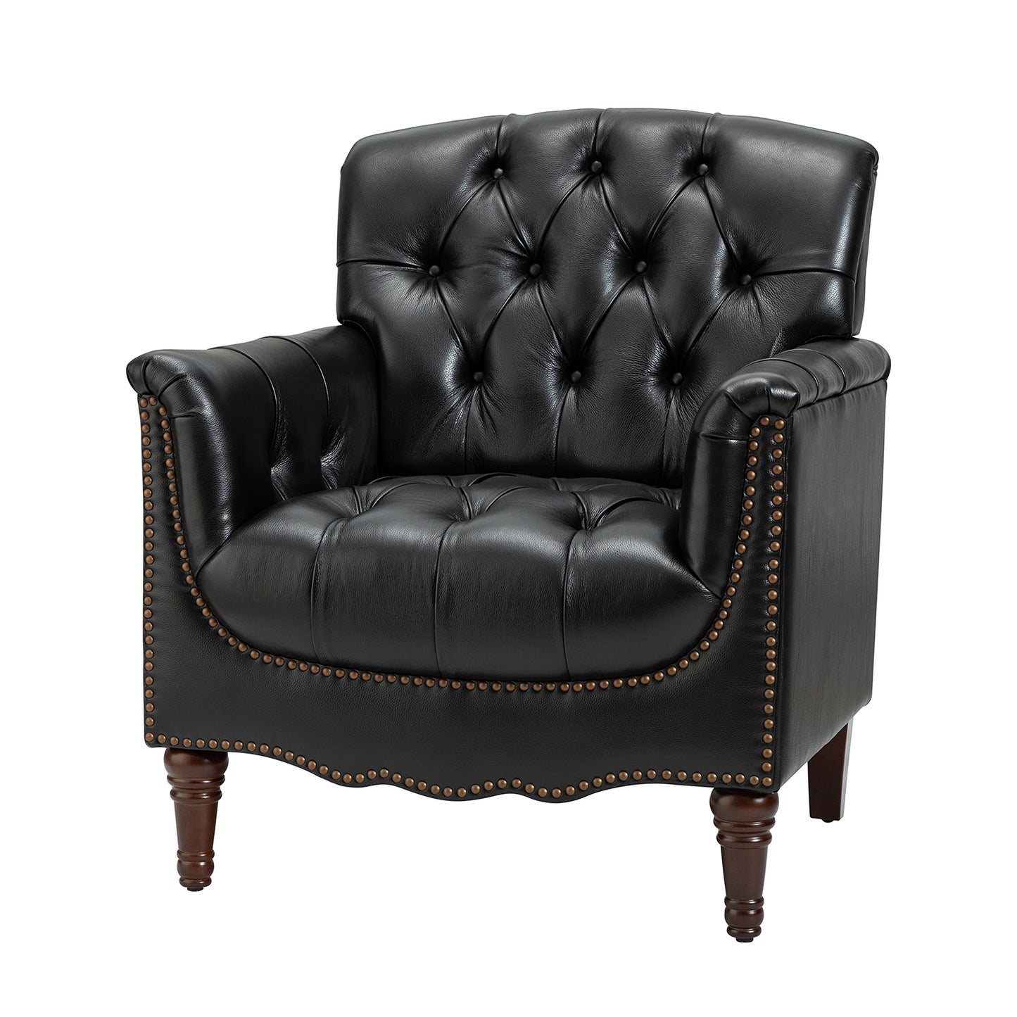 Elijah Genuine Leather Armchair – Black Tufted Nailhead Accent Chair