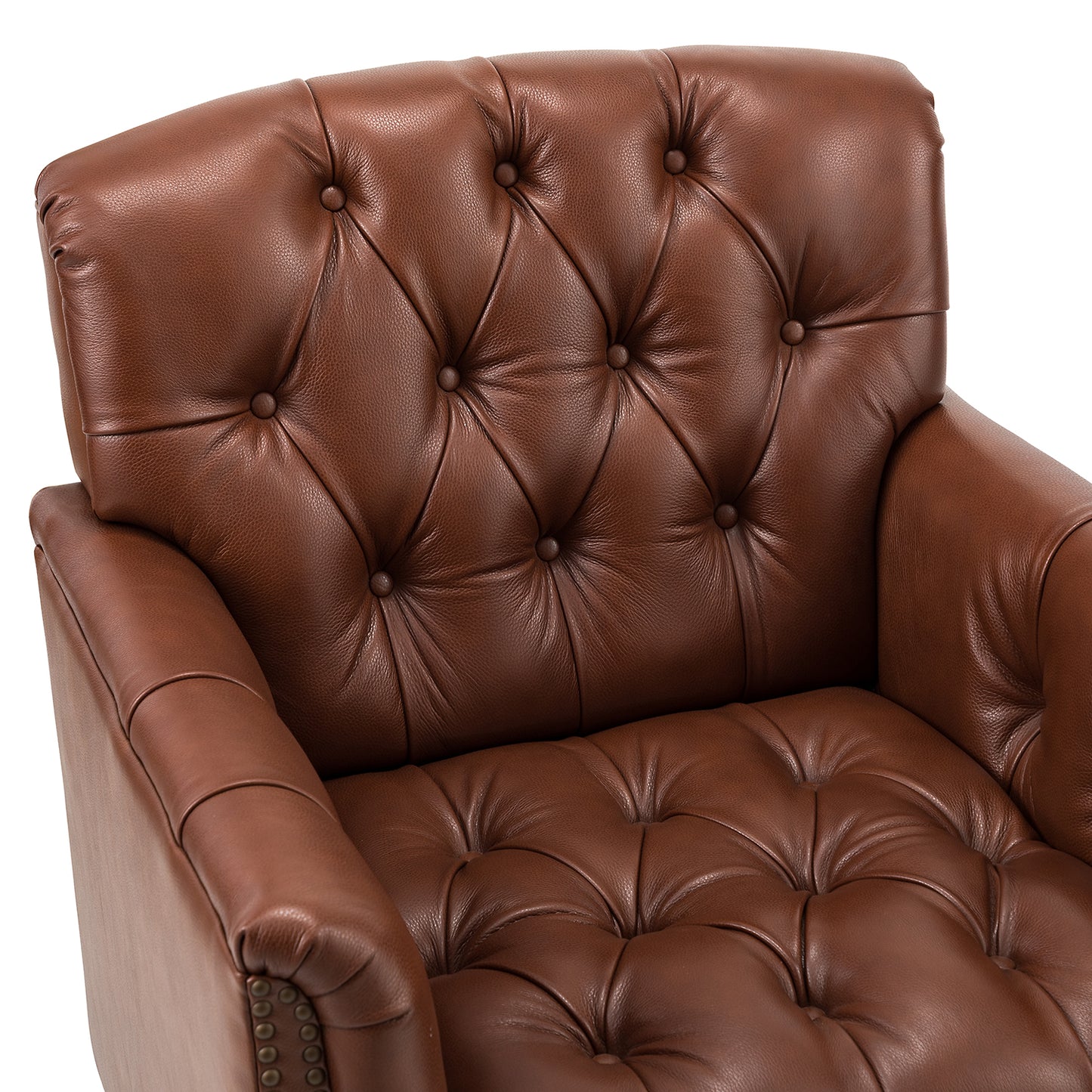Elijah Genuine Leather Armchair – Brown Tufted Nailhead Accent Chair