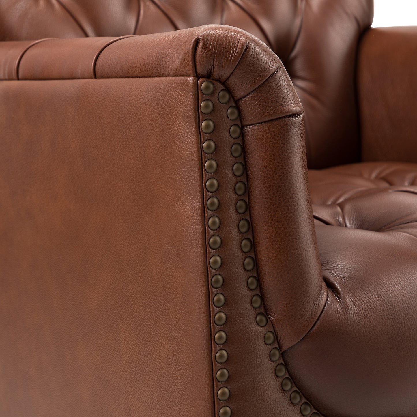 Elijah Genuine Leather Armchair – Brown Tufted Nailhead Accent Chair