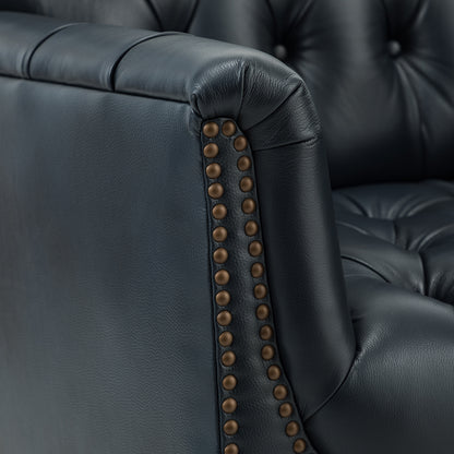 Elijah Genuine Leather Armchair – Navy Tufted Nailhead Accent Chair