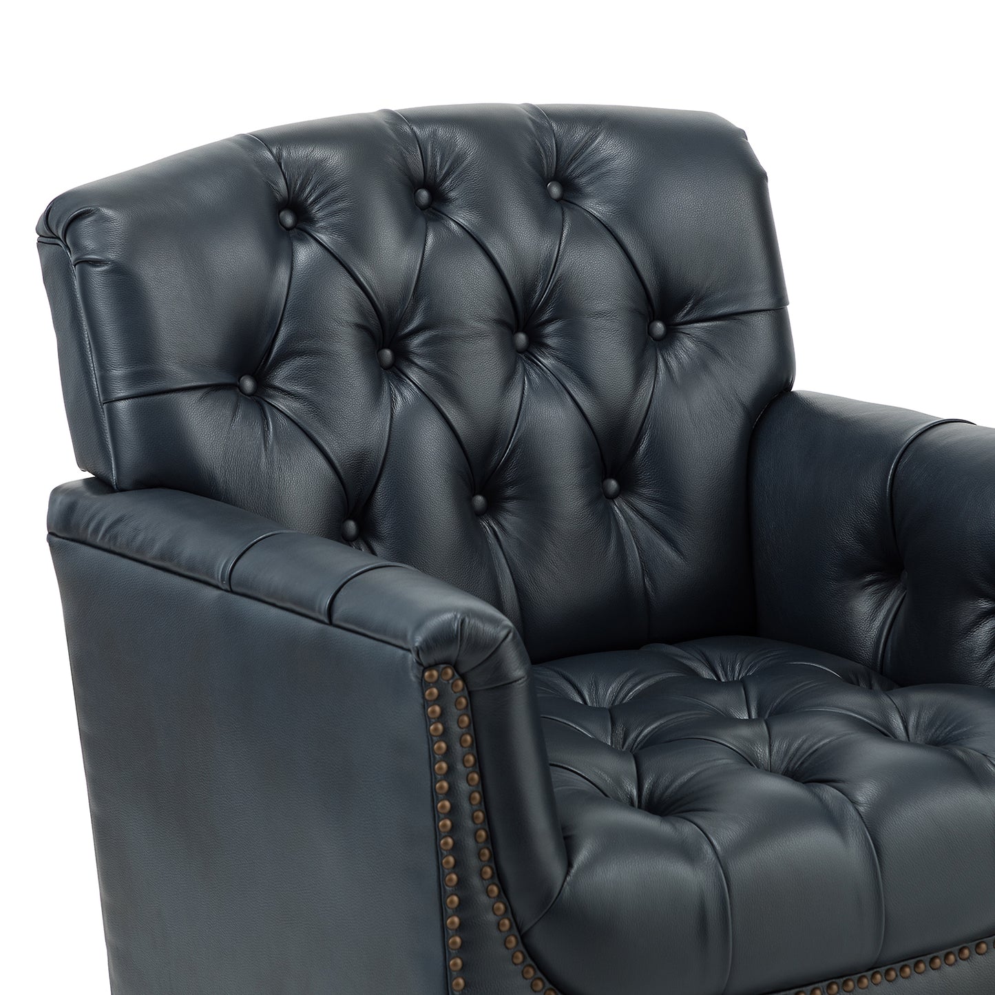 Elijah Genuine Leather Armchair – Navy Tufted Nailhead Accent Chair