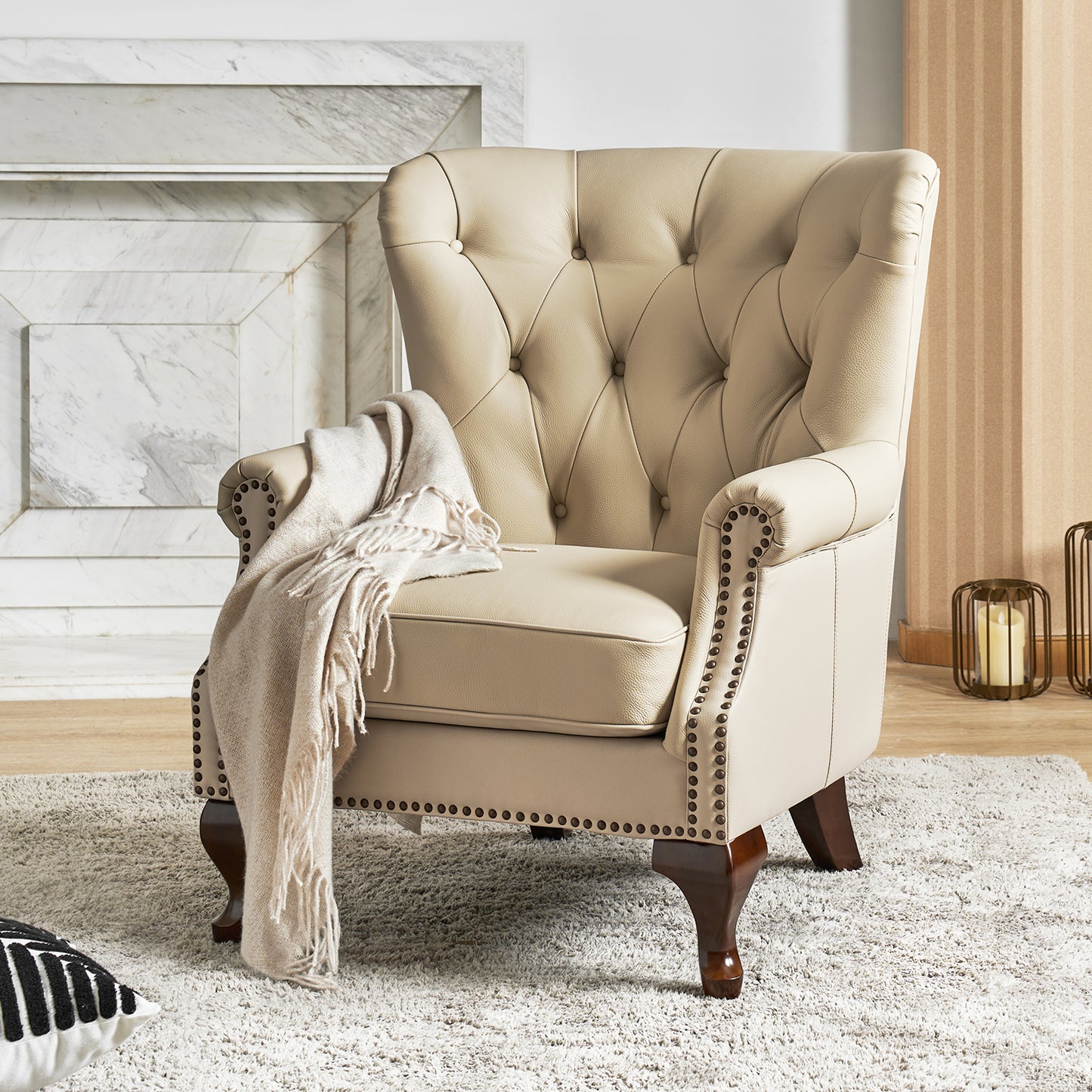 Anthony Genuine Leather Armchair – Beige Vintage Leather Wingback Accent Chair