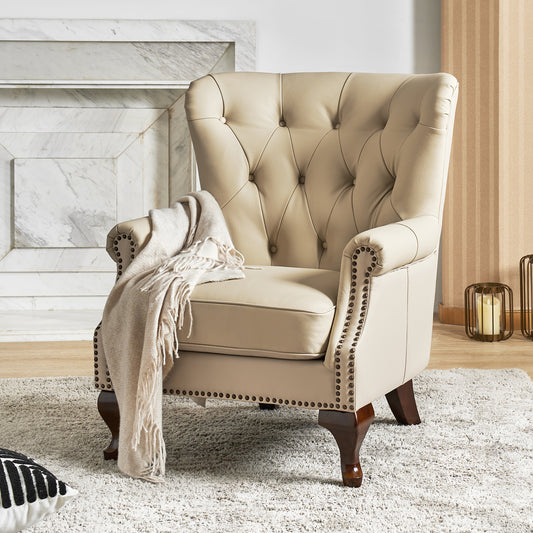 Anthony Genuine Leather Armchair – Beige Vintage Leather Wingback Accent Chair