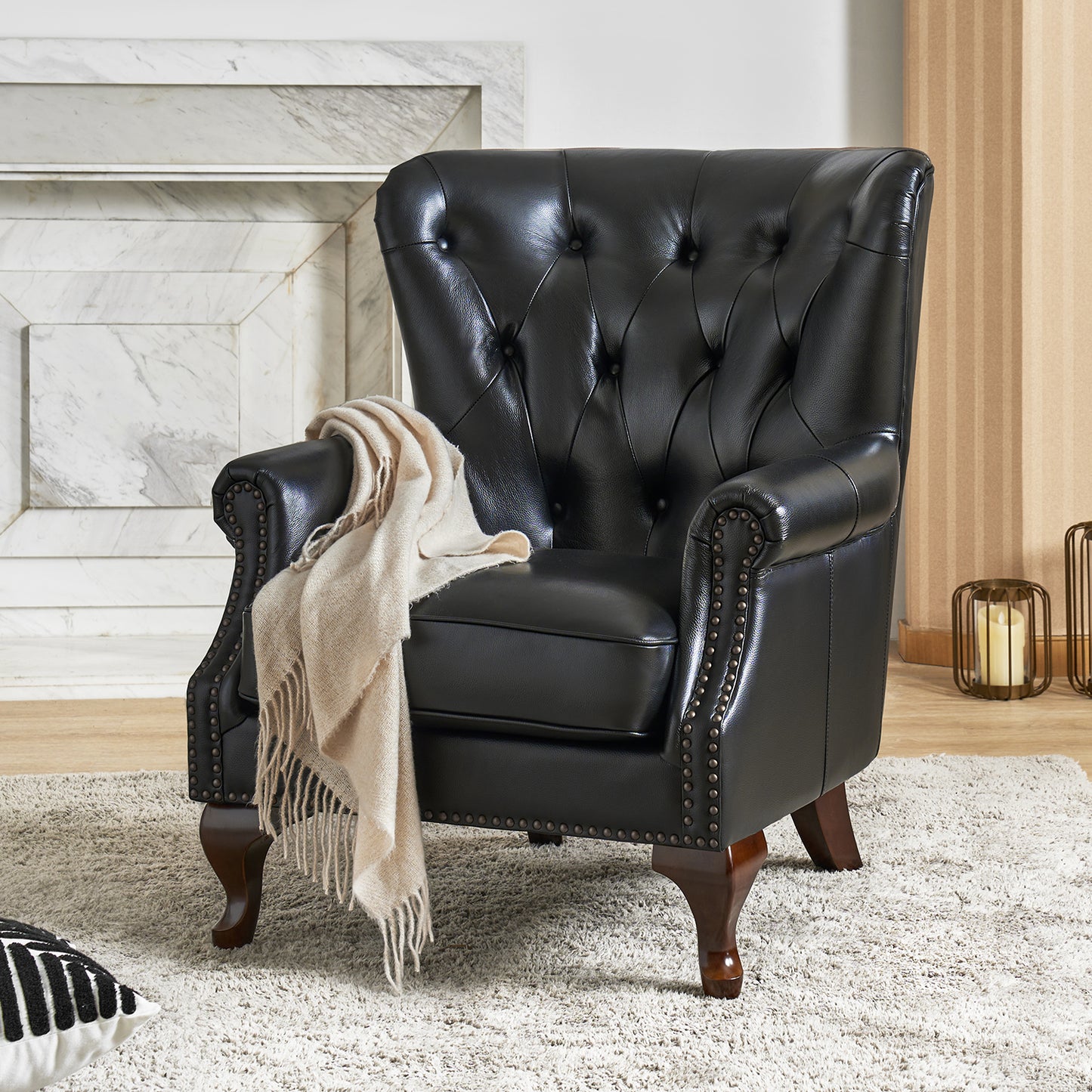 Anthony Genuine Leather Armchair – Black Vintage Leather Wingback Accent Chair