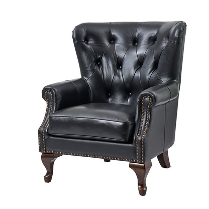 Anthony Genuine Leather Armchair – Black Vintage Leather Wingback Accent Chair