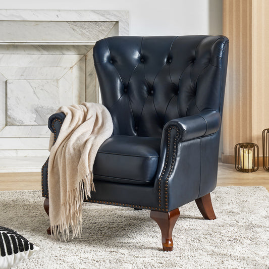 Anthony Genuine Leather Armchair – Navy Blue Vintage Leather Wingback Accent Chair