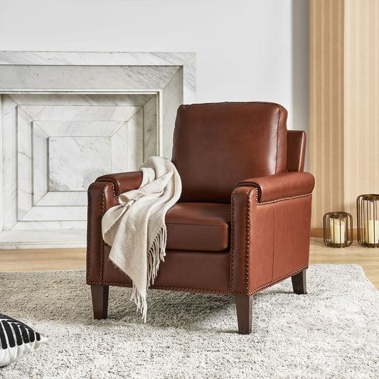Raimund Genuine Leather Armchair – Brown Nailhead Accent Chair