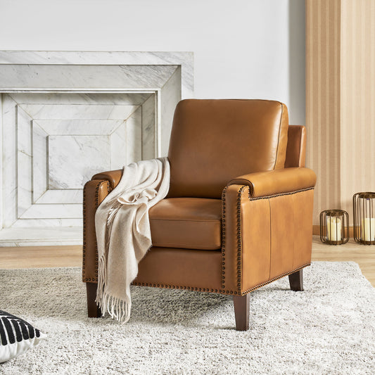 Raimund Genuine Leather Armchair – Camel Nailhead Accent Chair