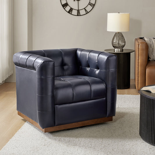 Arnold Genuine Leather Swivel Club Chair – Navy Tufted Barrel Chair
