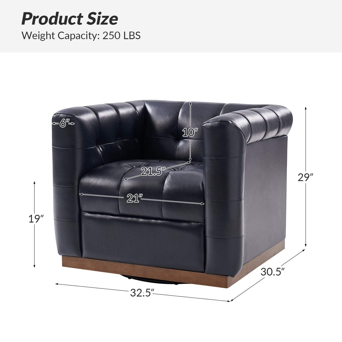 Arnold Genuine Leather Swivel Club Chair – Navy Tufted Barrel Chair