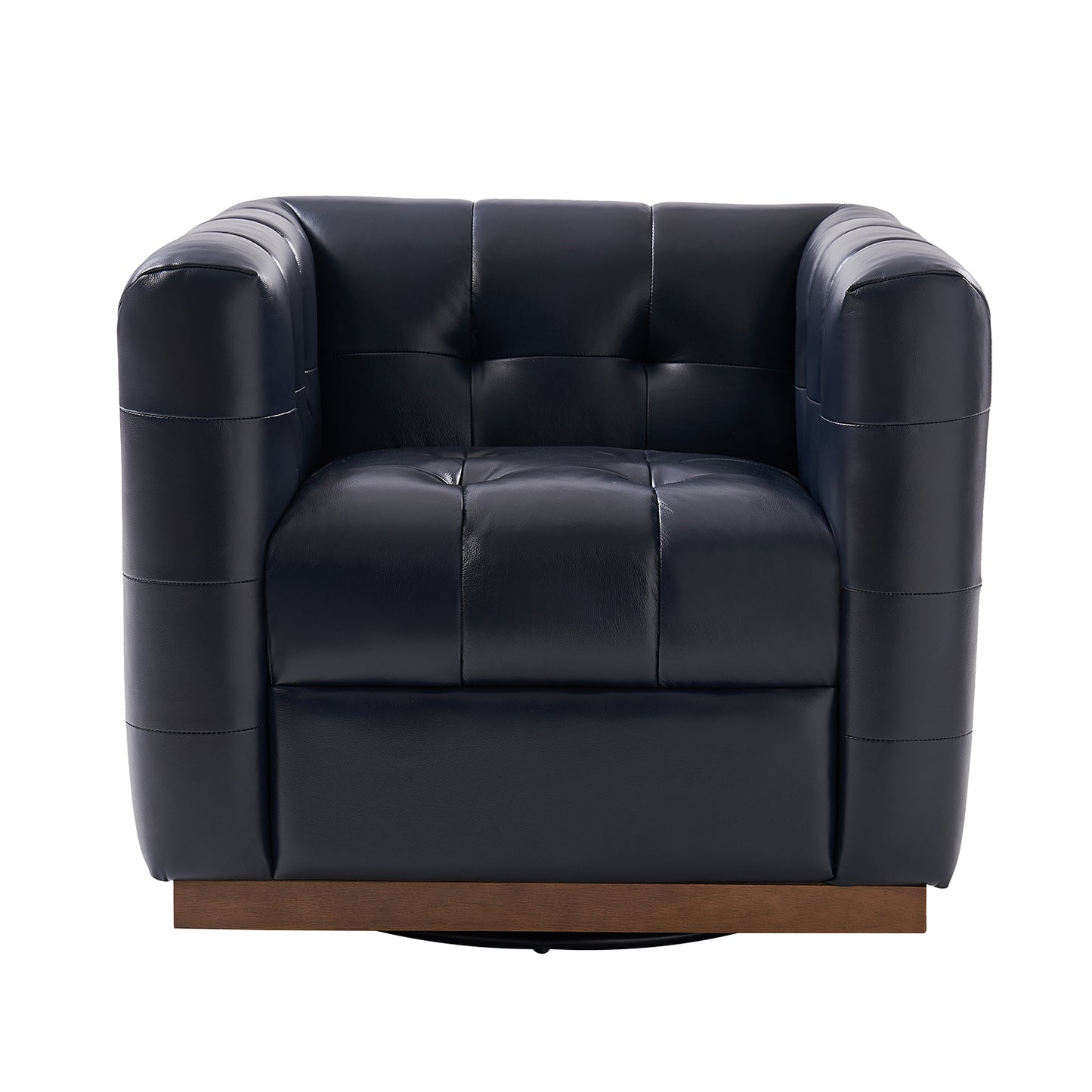 Arnold Genuine Leather Swivel Club Chair – Navy Tufted Barrel Chair