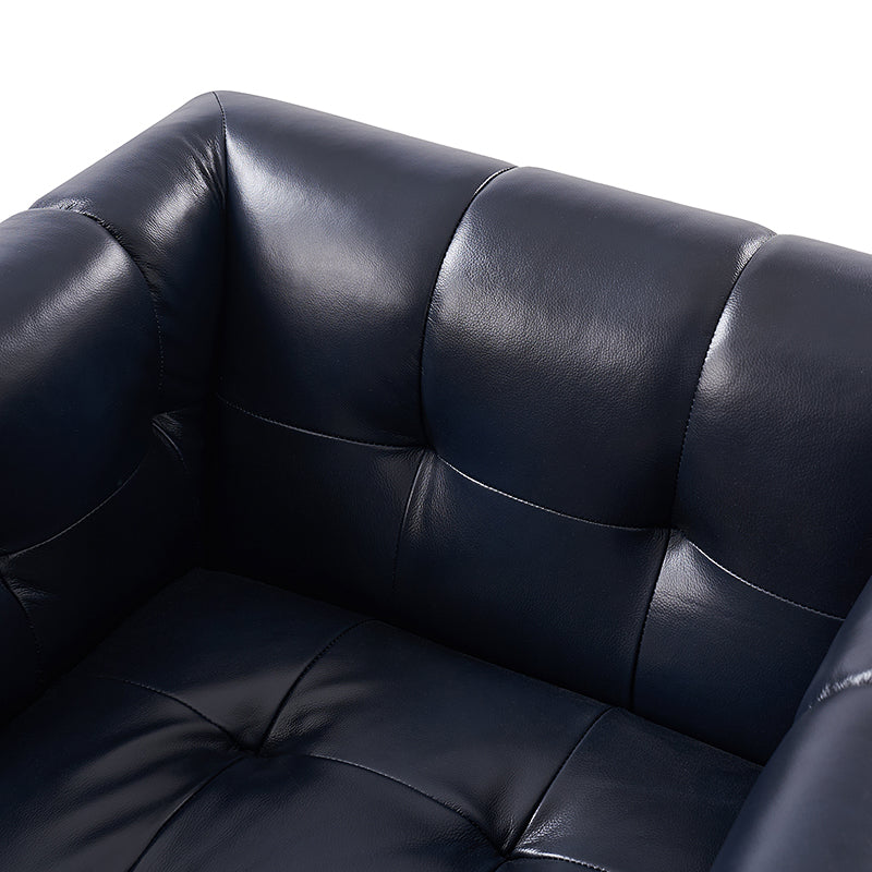 Arnold Genuine Leather Swivel Club Chair – Navy Tufted Barrel Chair