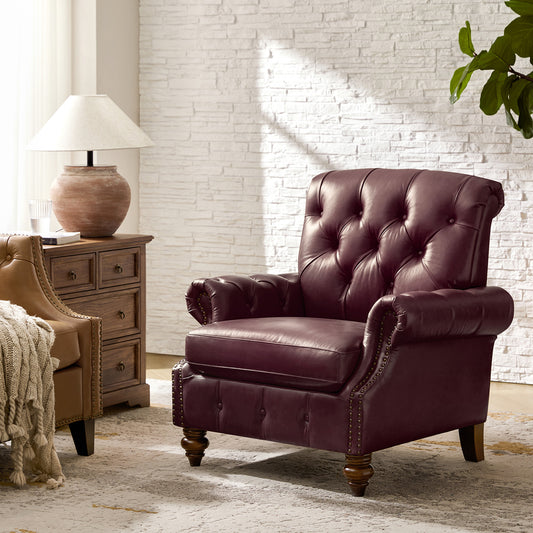 Vivian Genuine Leather Armchair – Burgundy Tufted Classic Accent Chair