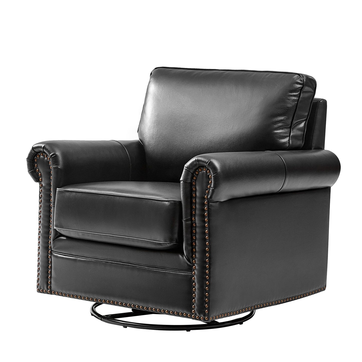 Higinio Genuine Leather Swivel Rocker Chair – Black Traditional Club Accent Chair