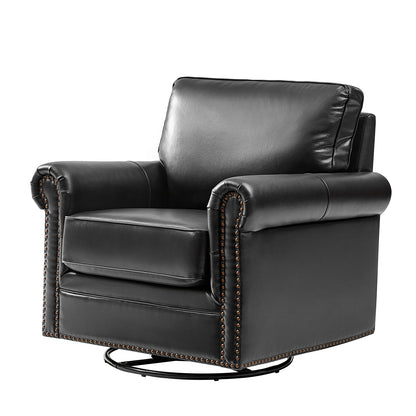 Higinio Genuine Leather Swivel Rocker Chair – Black Traditional Club Accent Chair