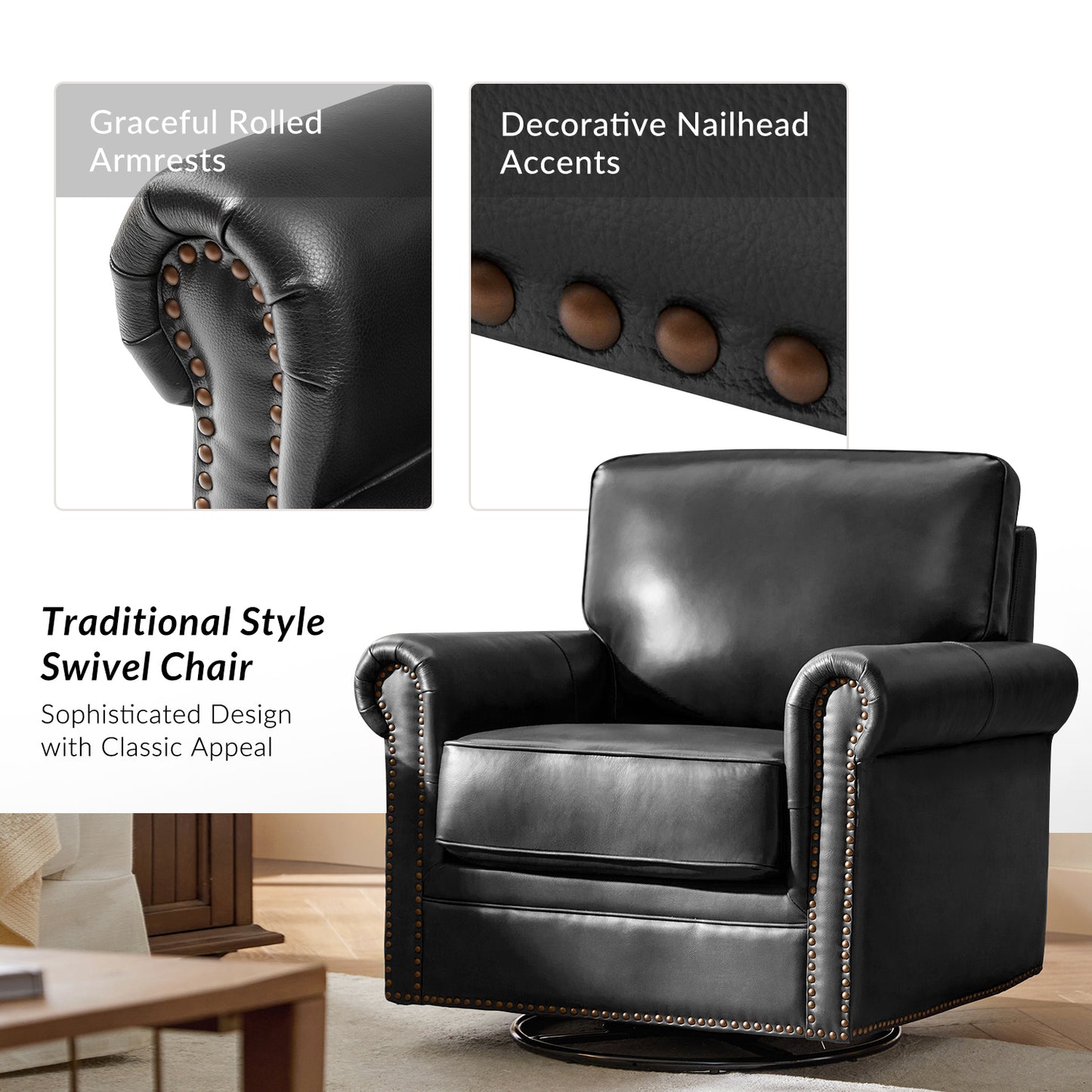 Higinio Genuine Leather Swivel Rocker Chair – Black Traditional Club Accent Chair