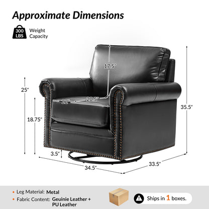 Higinio Genuine Leather Swivel Rocker Chair – Black Traditional Club Accent Chair