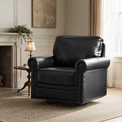 Higinio Genuine Leather Swivel Rocker Chair – Black Traditional Club Accent Chair