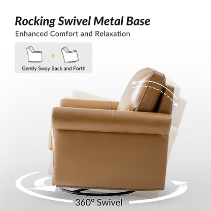 Higinio Genuine Leather Swivel Rocker Chair – Camel Traditional Club Accent Chair