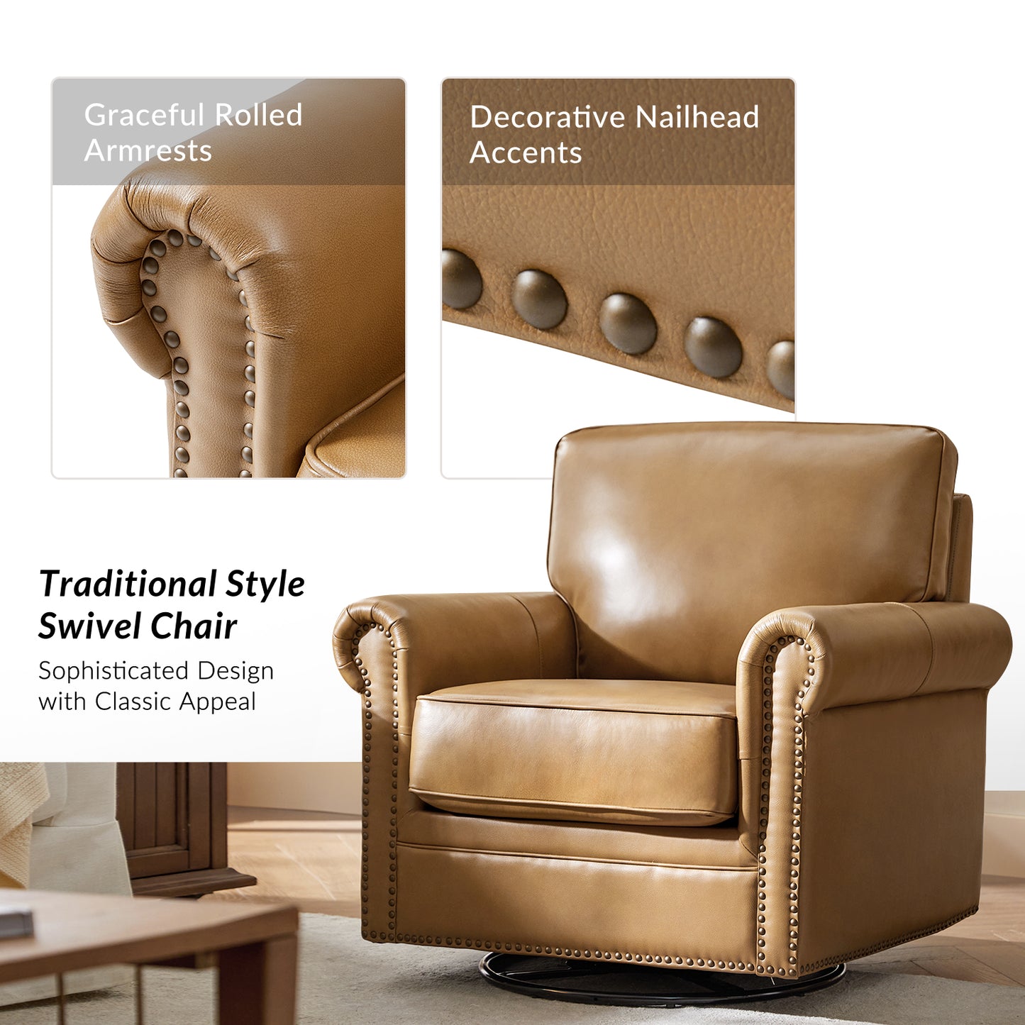 Higinio Genuine Leather Swivel Rocker Chair – Camel Traditional Club Accent Chair