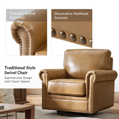 Higinio Genuine Leather Swivel Rocker Chair – Camel Traditional Club Accent Chair