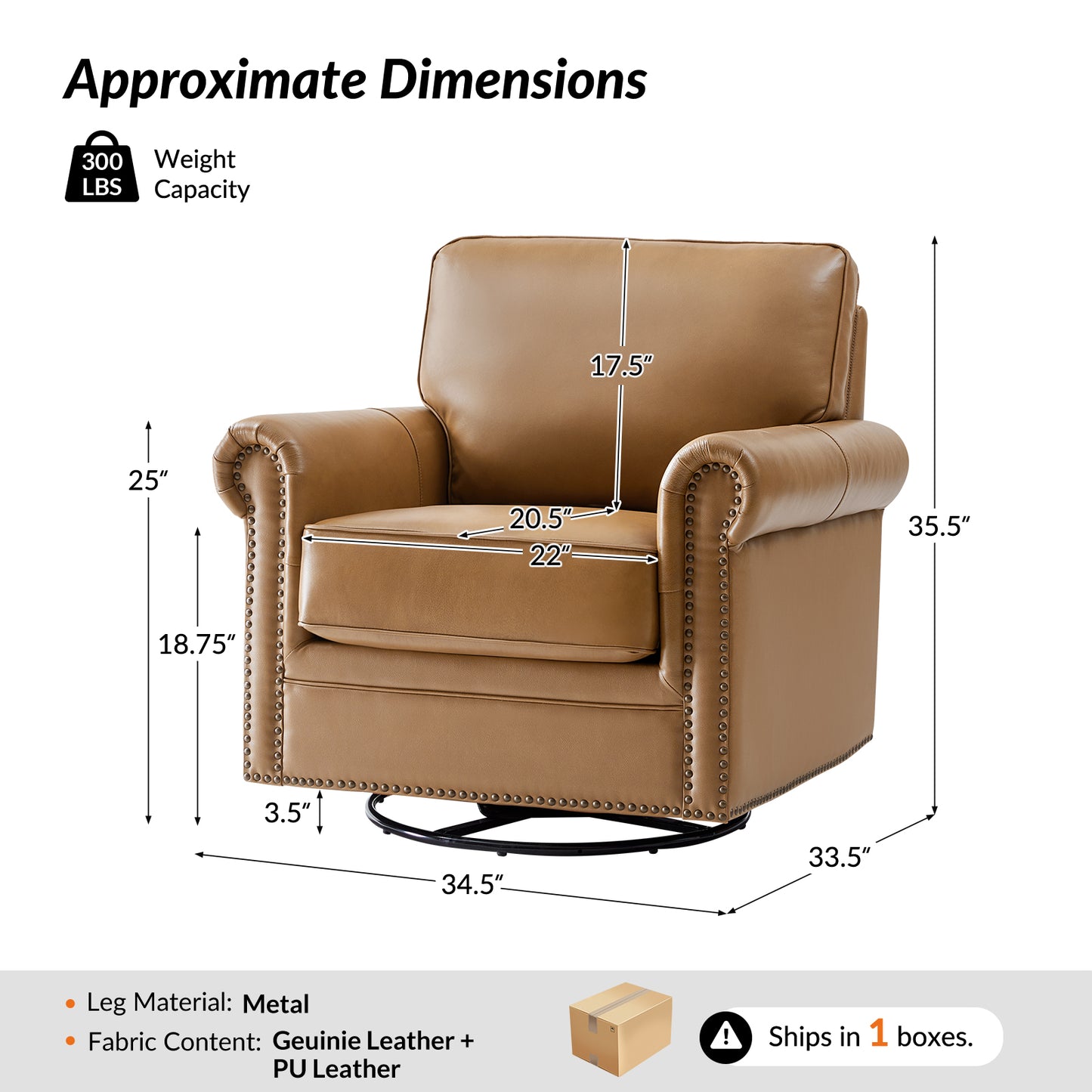 Higinio Genuine Leather Swivel Rocker Chair – Camel Traditional Club Accent Chair
