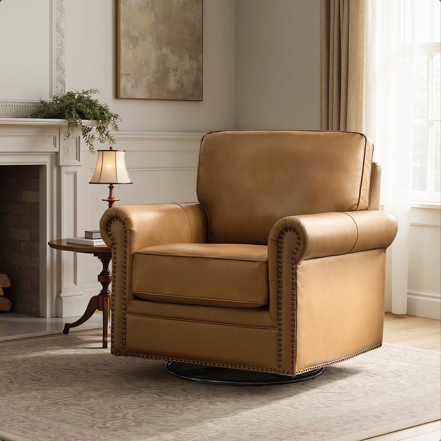 Higinio Genuine Leather Swivel Rocker Chair – Camel Traditional Club Accent Chair