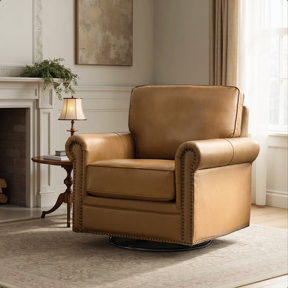 Higinio Genuine Leather Swivel Rocker Chair – Camel Traditional Club Accent Chair