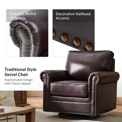 Higinio Genuine Leather Swivel Rocker Chair – Espresso Traditional Club Accent Chair