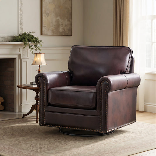 Higinio Genuine Leather Swivel Rocker Chair – Espresso Traditional Club Accent Chair